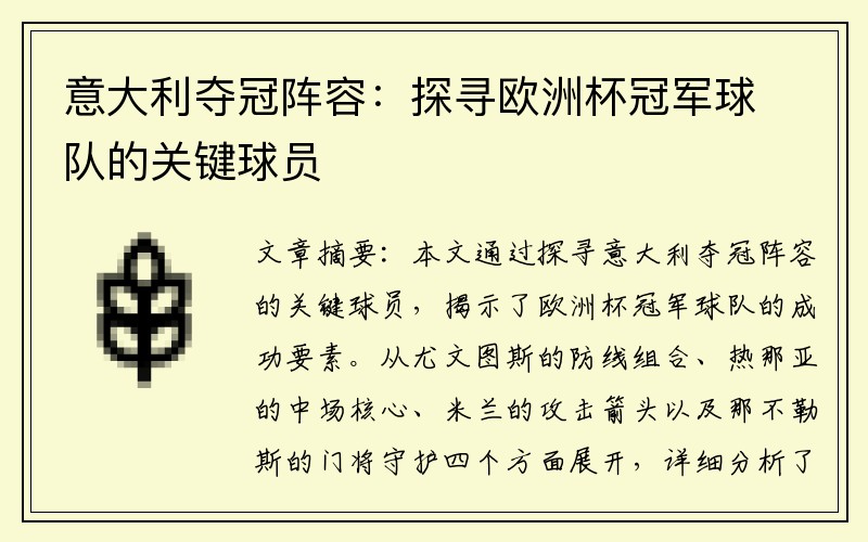 意大利夺冠阵容：探寻欧洲杯冠军球队的关键球员
