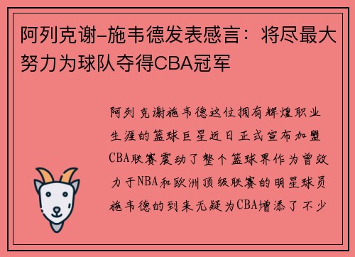 阿列克谢-施韦德发表感言：将尽最大努力为球队夺得CBA冠军