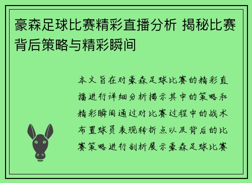 豪森足球比赛精彩直播分析 揭秘比赛背后策略与精彩瞬间